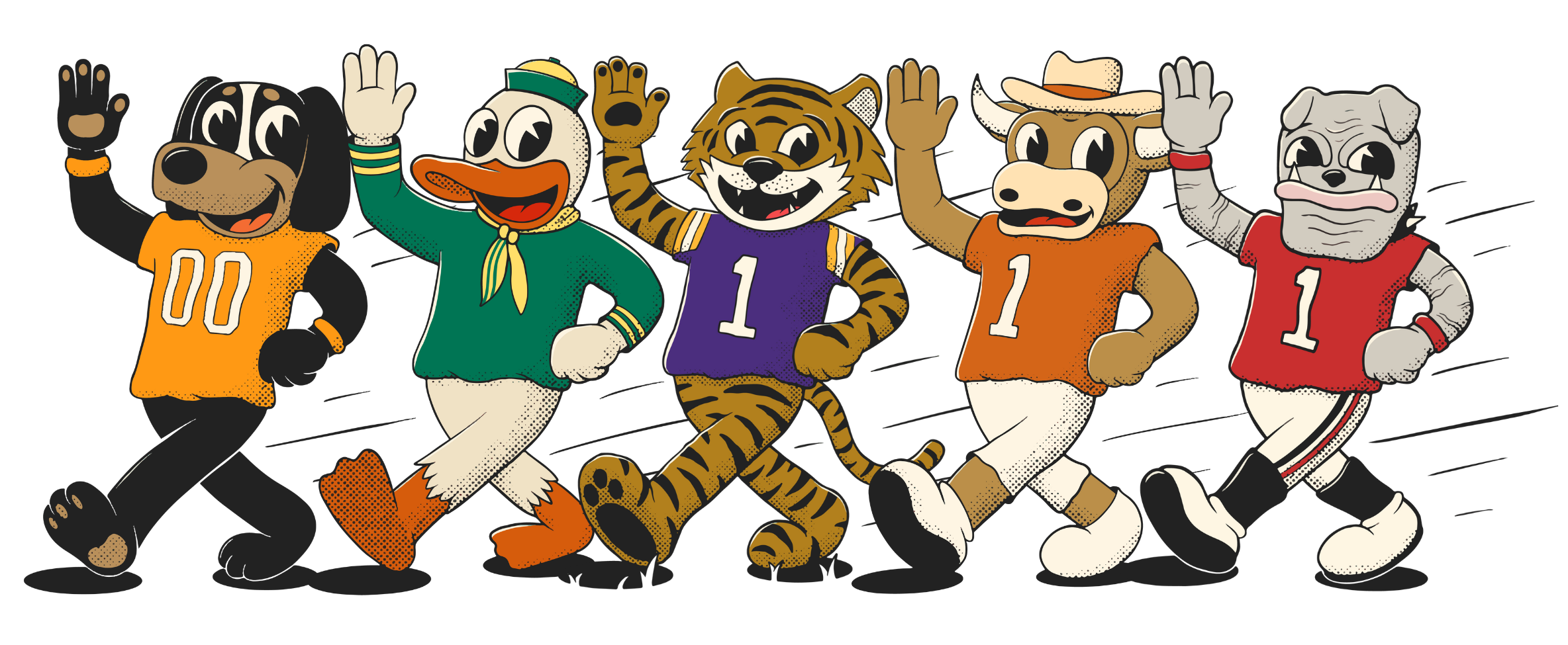 Game Day Tees mascots — six college mascots high-fiving in their team jerseys